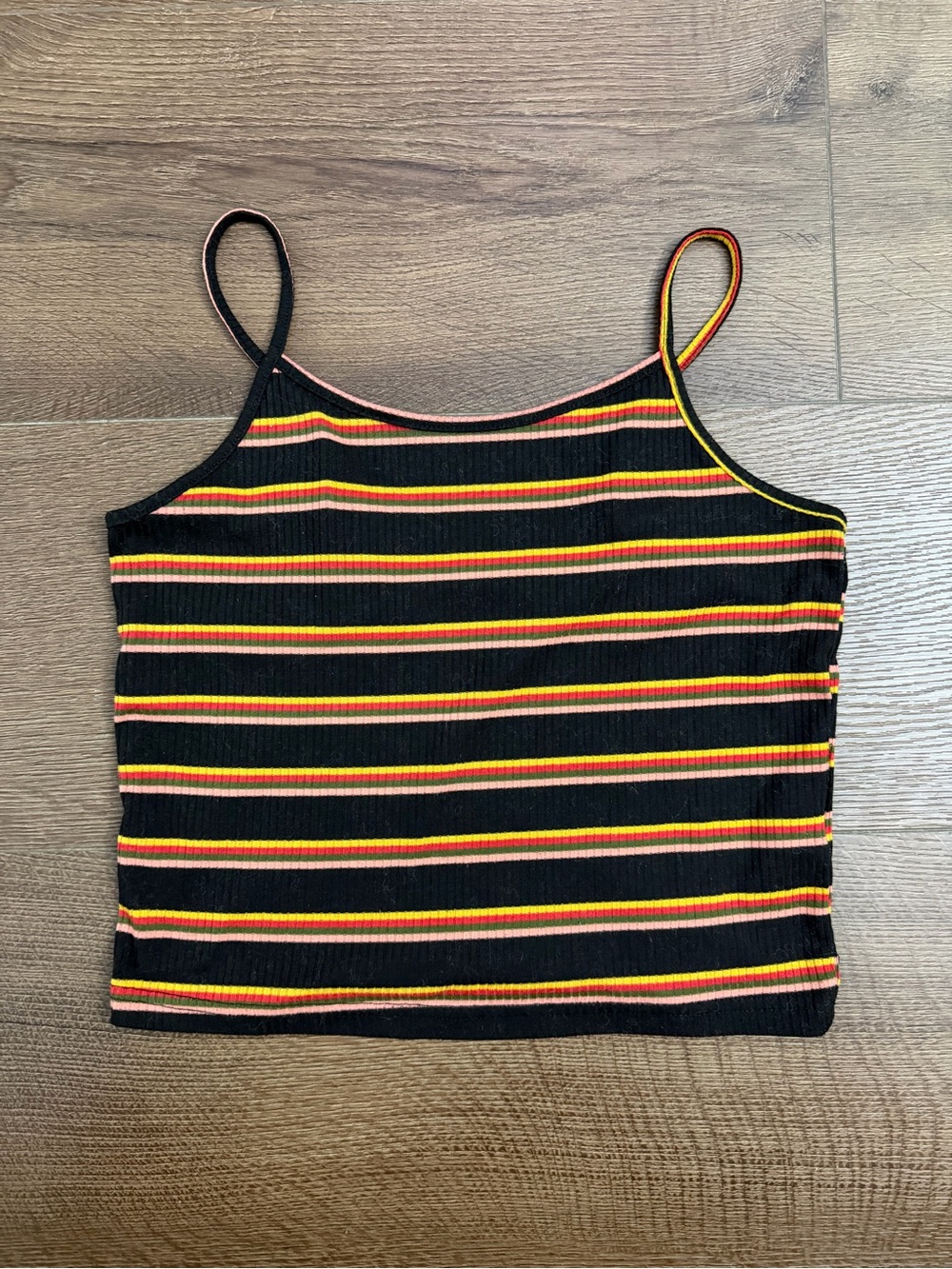 Striped Ribbed Cami Tank Top - Black with Red & Yellow Stripes